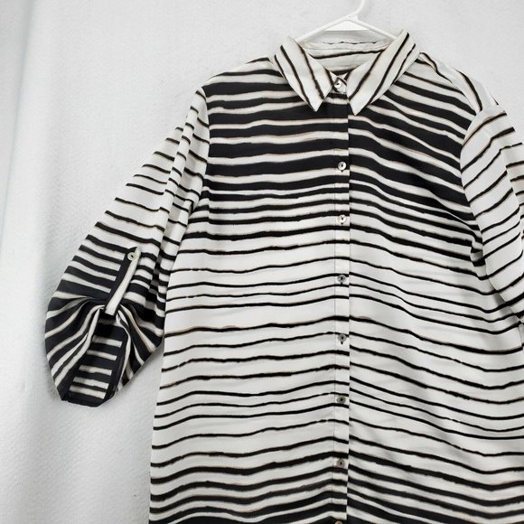 Chicos Top Women's 3/4 Sleeve Striped Button Up Tunic Black Large(12/14) - Picture 4 of 12